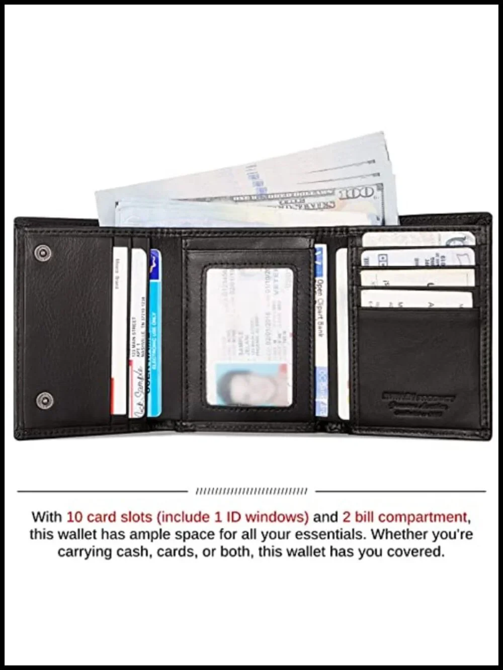 Genuine Leather Trifold Wallet with Chain RFID Blocking Anti-Theft for Men